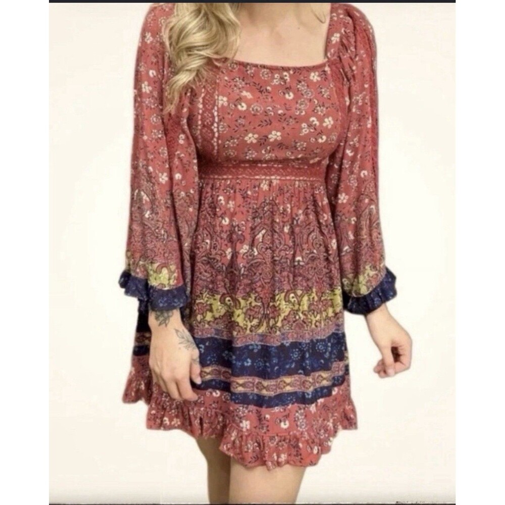 Angie  Women’s Boho Dress Mini Size L  Floral Bell Sleeve Square Neck Pullover